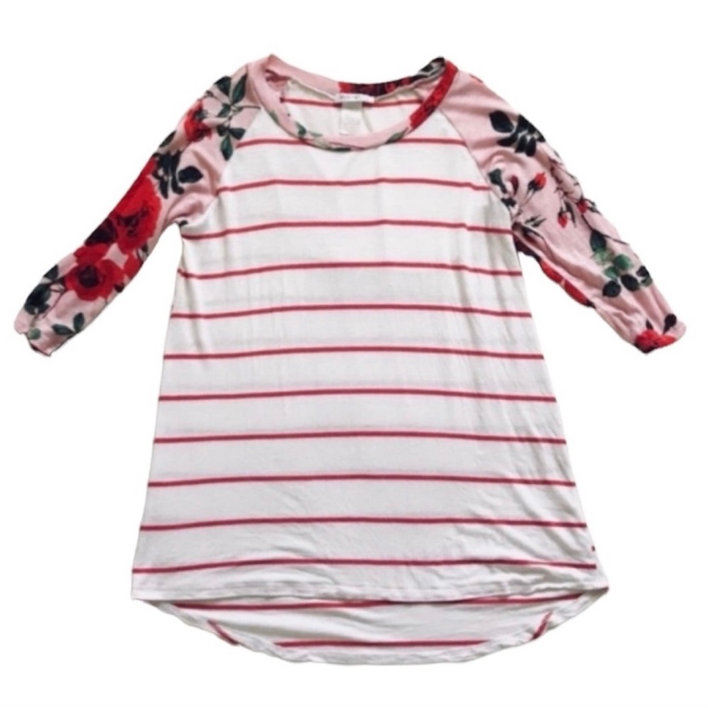 Honey & Lace | Floral & Striped Long Sleeve Pink & Red Feminine T-shirt Size XS